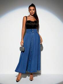 SHEIN BAE High Waist Button Front Denim Skirt - Blue - View 3