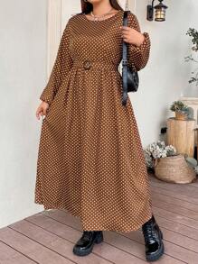 SHEIN LUNE Plus Polka Dot Print Belted Dress - Brown - View 1