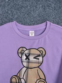 SHEIN Cô gái Tween In Gấu Thả vai Áo chui đầu & Kẻ sọc Váy - Màu tím hoa cà - Xem 4