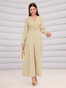 Modelyn Fuzzy Cuff Belted Wide Leg Jumpsuit - Apricot - View 3