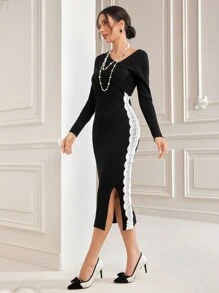 Modelyn Contrast Lace Split Hem Bodycon Sweater Dress Fall Cloth For Women - Black - View 1