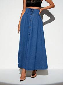 SHEIN BAE High Waist Button Front Denim Skirt - Blue - View 4