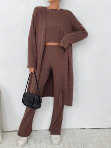 SHEIN Essnce Solid Lettuce Trim Tee & Flare Leg Pants & Open Front Coat - Brown - View 6