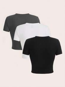 SHEIN EZwear 3 piezas Camiseta crop unicolor & con estampado de letra - Multicolor - Ver 2