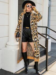 Calvaya Plus Leopard Pattern Drop Shoulder Open Front Hooded Longline Cardigan - Multicolor - View 5