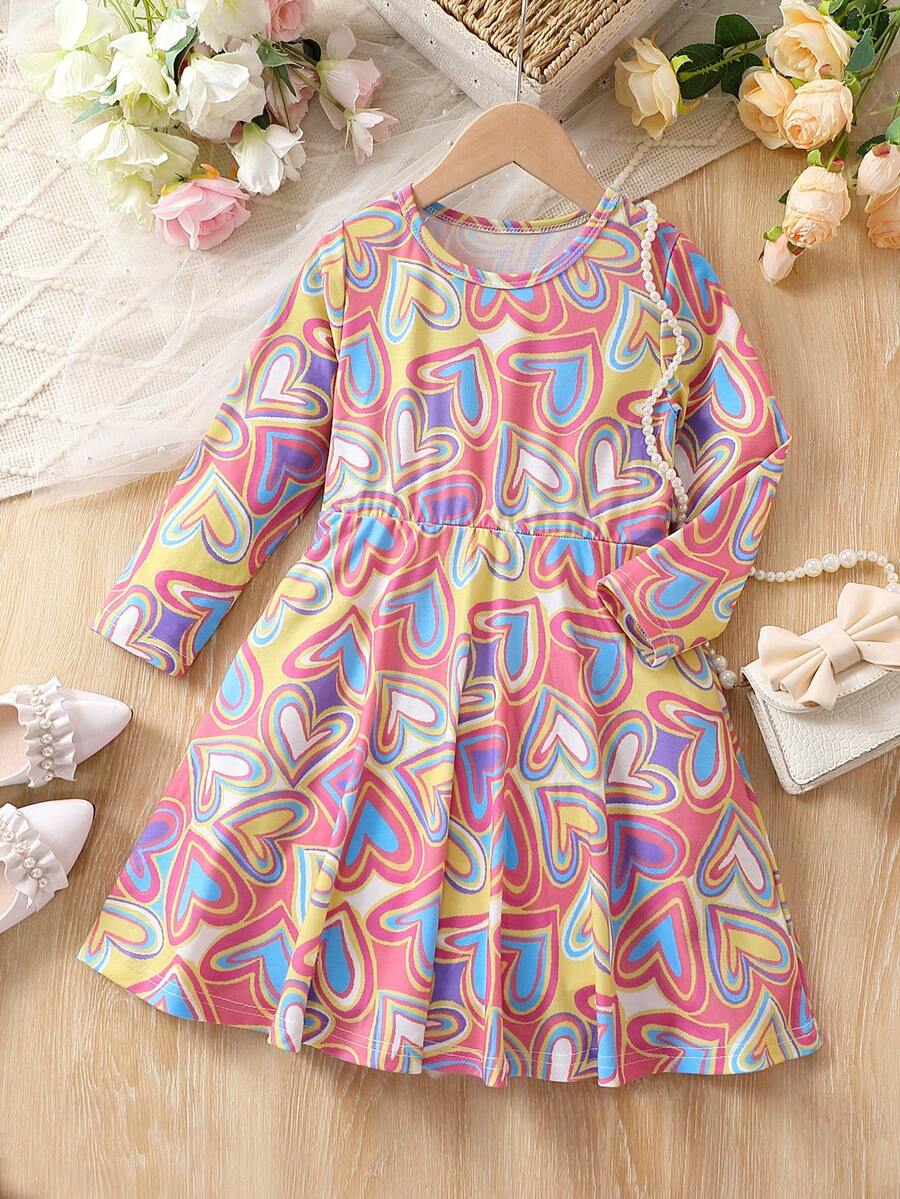 SHEIN 女小童滿版印花A字洋裝 - 彩色 - 查看 1