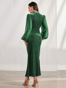 Modelyn Mock Neck Lantern Sleeve Ruched Velvet Dress - Green - View 2