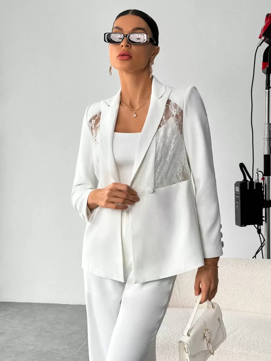 SHEIN Privé Contrast Lace Double Button Blazer - White - View 1