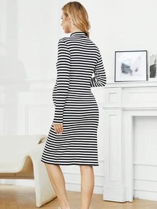 Maternity Striped Print Split Hem Mock Neck Slit Hem Nursing Dress - Black and White - View 2