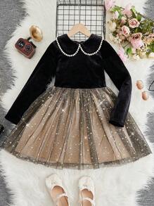 SHEIN 女孩珍珠串珠彼得潘領網紗拼接下擺絲絨 - 彩色 - 查看 1