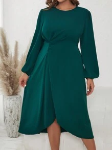 SHEIN Clasi 大碼燈籠袖前收褶洋裝 - 綠色 - 查看 4