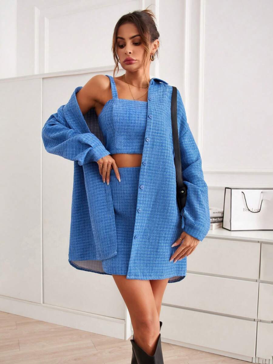 SHEIN Essnce Solid Cami Top & Skirt & Drop Shoulder Coat - Blue - View 1
