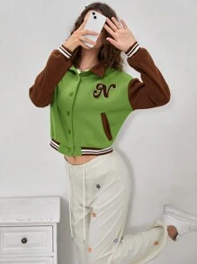SHEIN EZwear Letter Patched Striped Trim Drop Shoulder Two Tone Varsity Jacket - Green - View 5
