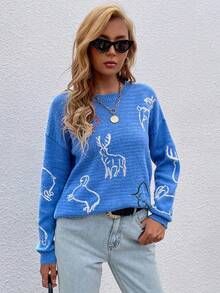 SHEIN LUNE Animal Pattern Drop Shoulder Sweater - Blue - View 3