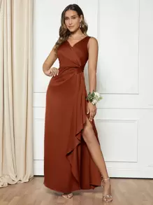 SHEIN Belle 素色荷葉邊圍裹下擺緞面洋裝