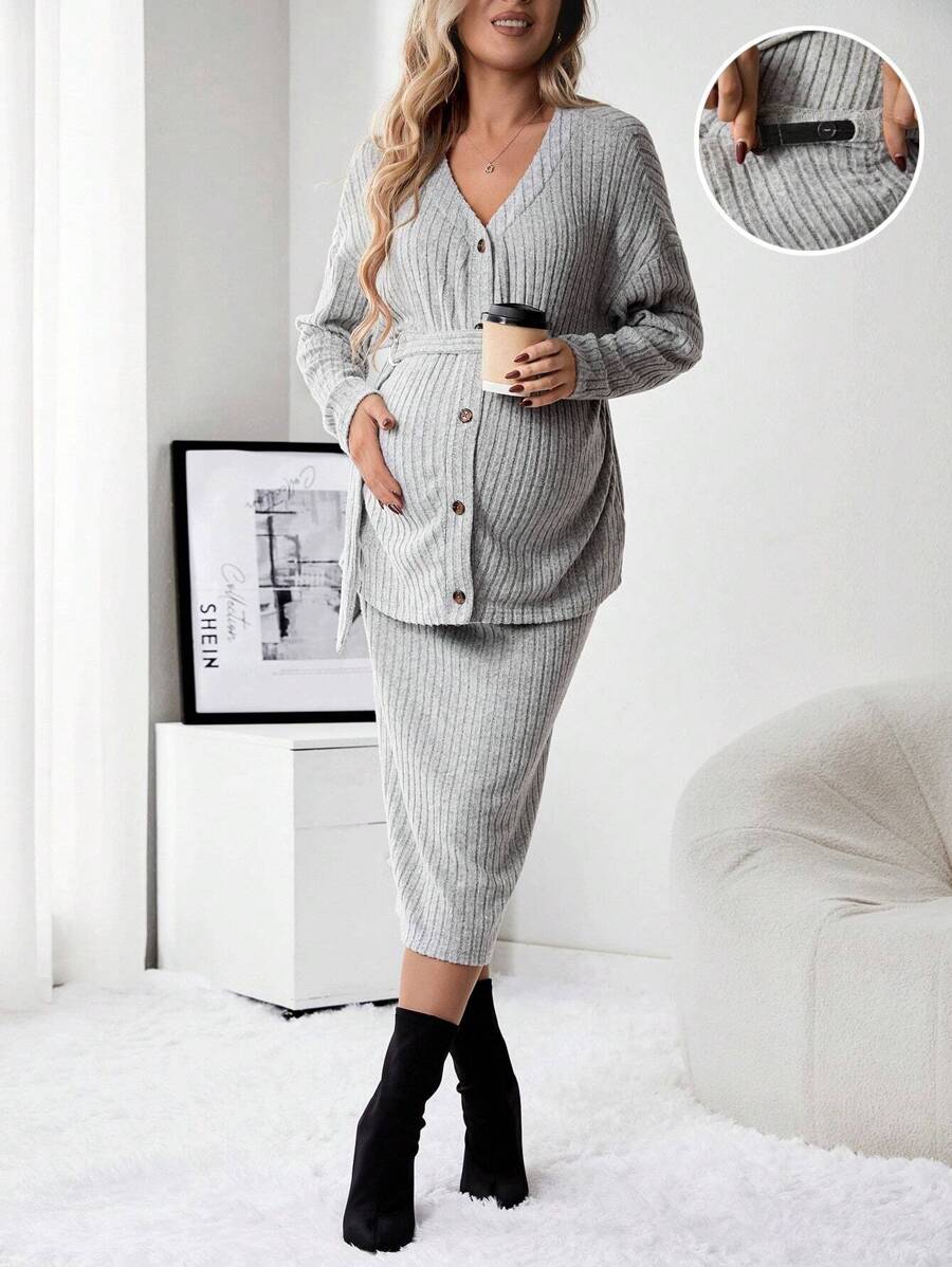 SHEIN Maternity Drop Shoulder Button Front Top & Adjustable Waist Skirt - Grey - View 1