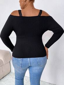SHEIN CURVE+ Plus Cold Shoulder Ribbed Knit Tee - Black - View 2