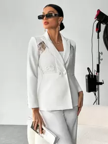 SHEIN Privé Contrast Lace Double Button Blazer - White - View 6
