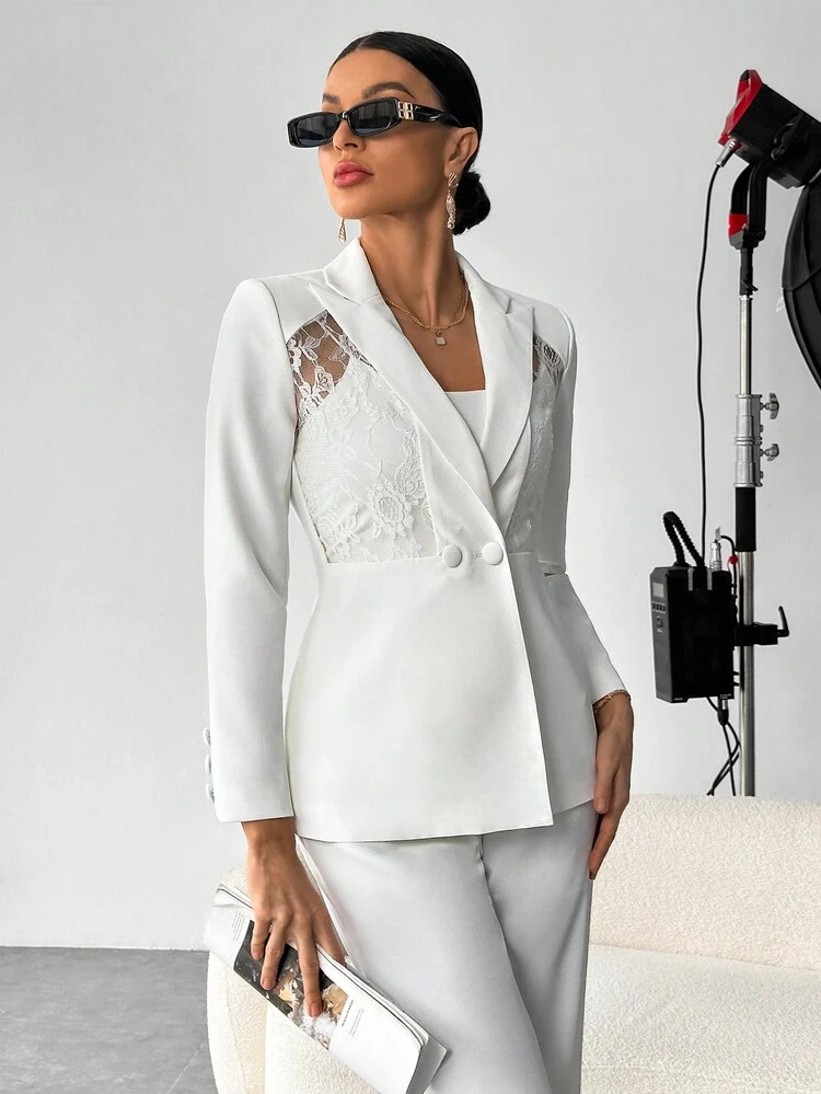 Contrast Lace Double Button Blazer