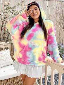 Flirla 加大码扎染袋鼠口袋落肩卫衣 - 粉色 - 查看 3