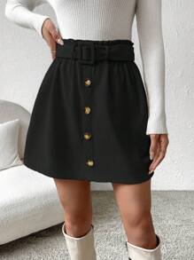 Pariaura Paperbag Waist Button Front Belted Skirt - Black - View 4