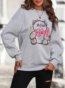 SHEIN LUNE Đồ họa chữ cái & Gấu Thả vai Áo nỉ - Màu Xám nhạt - Xem 4