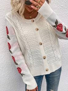 SHEIN LUNE 花卉圖案麻花編織前紐扣開襟衫 - 杏色 - 查看 3