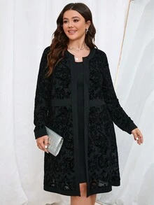 SHEIN Clasi Plus Floral Print Open Front Coat & Dress - Black - View 3