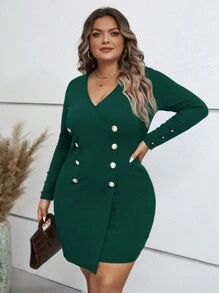 SHEIN Clasi Plus Button Detail Bodycon Dress - Dark Green - View 3