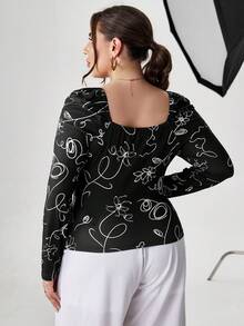 SHEIN Privé Plus Floral Print Sweetheart Neck Puff Sleeve Tee - Black - View 4