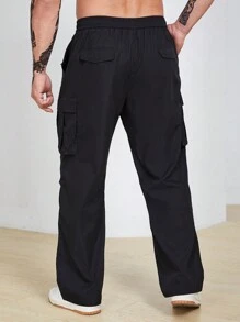 Manfinity Homme Men Plus Flap Pocket Side Cargo Loose Pants Straight Leg Long Drawstring Plain Black Going Out Size - Black - View 2