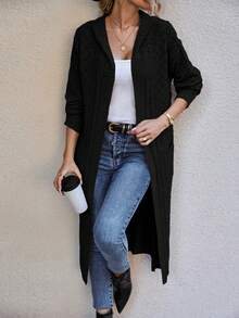 SHEIN Essnce Túi Kép Thả vai Dệt kim chấm bi áo có mũ Áo len Mở - màu đen - Xem 6