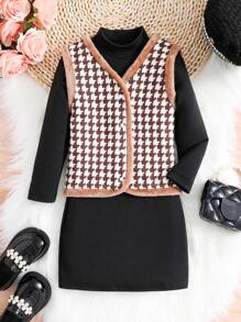 SHEIN Young Girl Houndstooth Print Contrast Binding Vest Jacket & Dress - Black - View 1