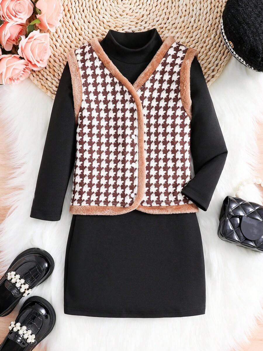 SHEIN Young Girl Houndstooth Print Contrast Binding Vest Jacket & Dress - Black - View 1