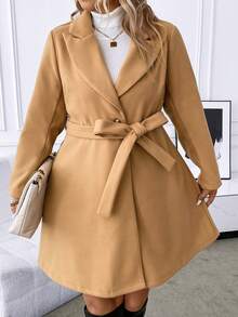 SHEIN Clasi 大碼西裝領腰帶花呢外套 - 卡其色 - 查看 4