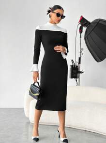 SHEIN Privé Two Tone Mock Neck Flounce Sleeve Bodycon Dress - Black and White - View 1