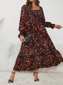 SHEIN Clasi Plus Allover Print Square Neck Ruffle Hem Dress