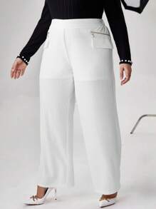 SHEIN Privé 大碼翻蓋細節闊腿褲 - 白色 - 查看 6