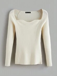 SHEIN BASICS Sweetheart Neck Raglan Sleeve Ribbed Knit Sweater,Long Sleeve Tops - Beige - View 1