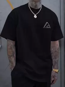 男士幾何和標語圖案T恤 - 黑色 - 查看 1