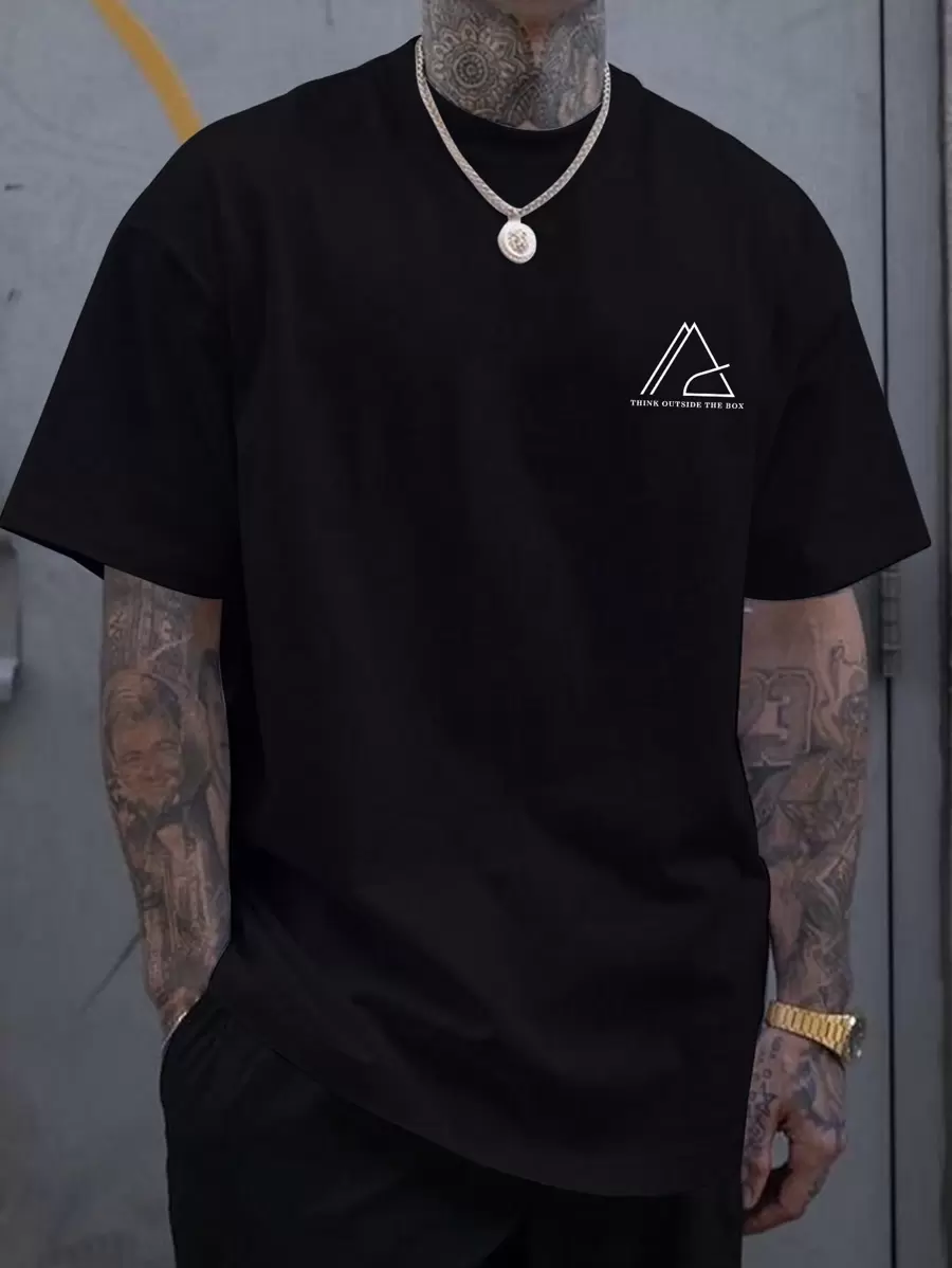 男士幾何和標語圖案T恤 - 黑色 - 查看 1