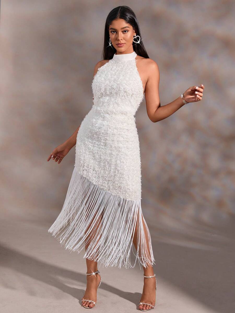 SHEIN BAE 流蘇下擺毛茸茸掛脖洋裝 - 白色 - 查看 1