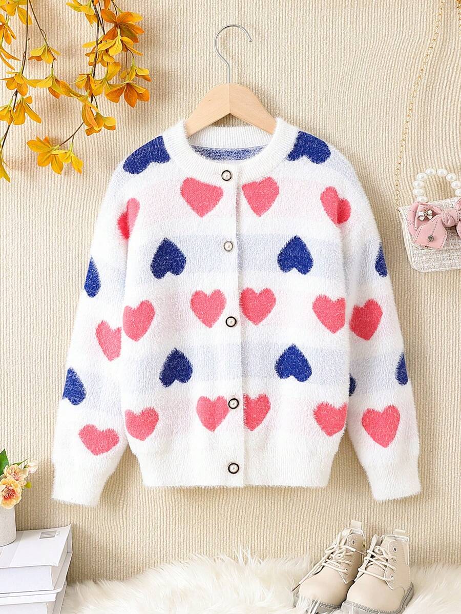 SHEIN 女小童愛心圖案落肩袖開襟衫 - 白色 - 查看 1