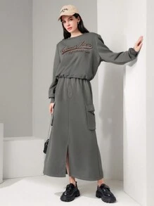 Mulvari Letter Graphic Drawstring Hem Sweatshirt Without Skirt - Grey - View 2