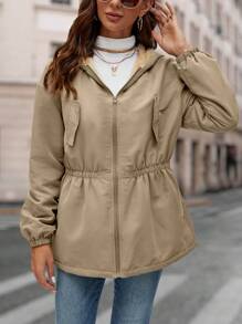 SHEIN LUNE Thả vai Lót Teddy Áo trùm đầu - Màu Khaki - Xem 5