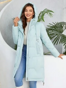 Zip Up Drawstring Hem Hooded Padded Coat - Mint Green - View 5