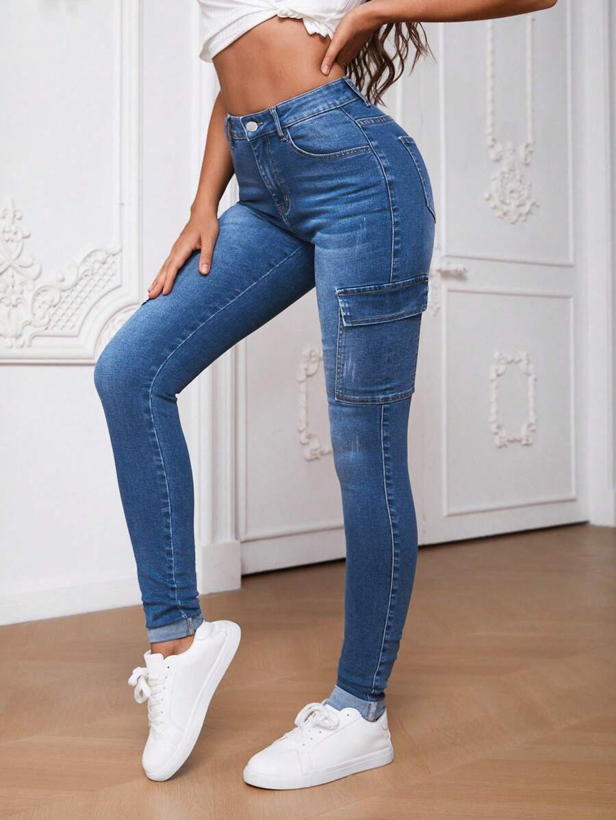 SHEIN Tall Túi nắp bên cạnh Quần jean chở hàng - Rửa trung bình - Xem 1