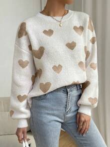 Chiquease Heart Pattern Drop Shoulder Sweater,Long Sleeve Tops Knit Pullover Fall Winter Outfit - Multicolor - View 6