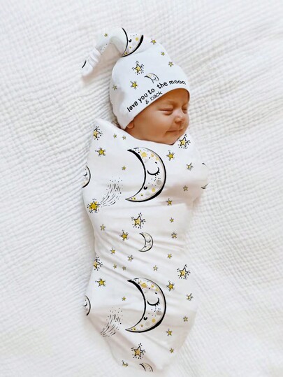 SHEIN Newborn Baby Boy Star & Moon Print Blanket & Hat Photo Set