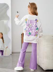 SHEIN Leap Crew Cô gái Tween Đồ họa hoa & khẩu hiệu Thả vai Áo chui đầu & Quần ống loe - Màu tím hoa cà - Xem 1